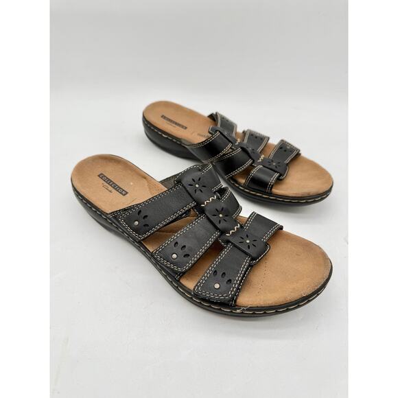 Clarks Collection Black Leather Slide Sandals Women’s 9.5 Comfort Casual - Picture 1 of 6